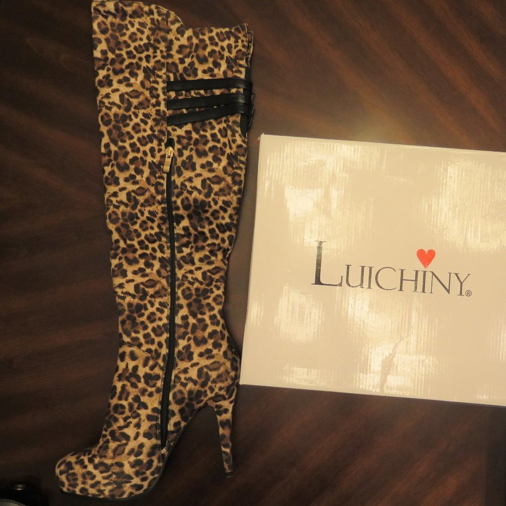 NWT Luichiny Leopard IMI Suede Over the Knee Boots